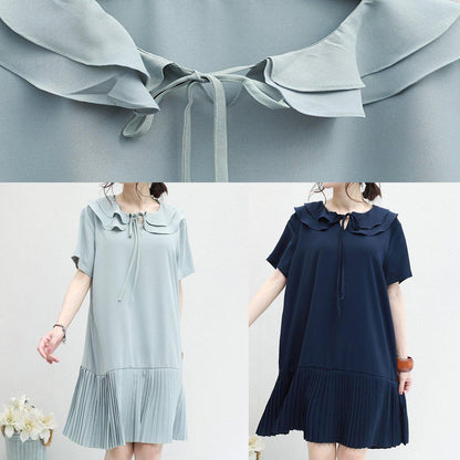 DIY ruffles Chiffon Tunics navy o neck daily summer Dresses - SooLinen