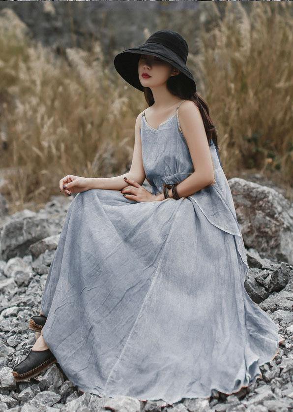 DIY ruffles side linen Long Shirts Sewing gray sleeveless Dresses summer - SooLinen