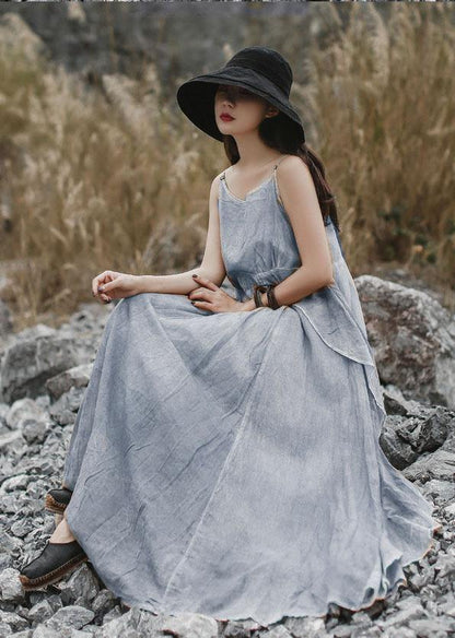 DIY ruffles side linen Long Shirts Sewing gray sleeveless Dresses summer - SooLinen