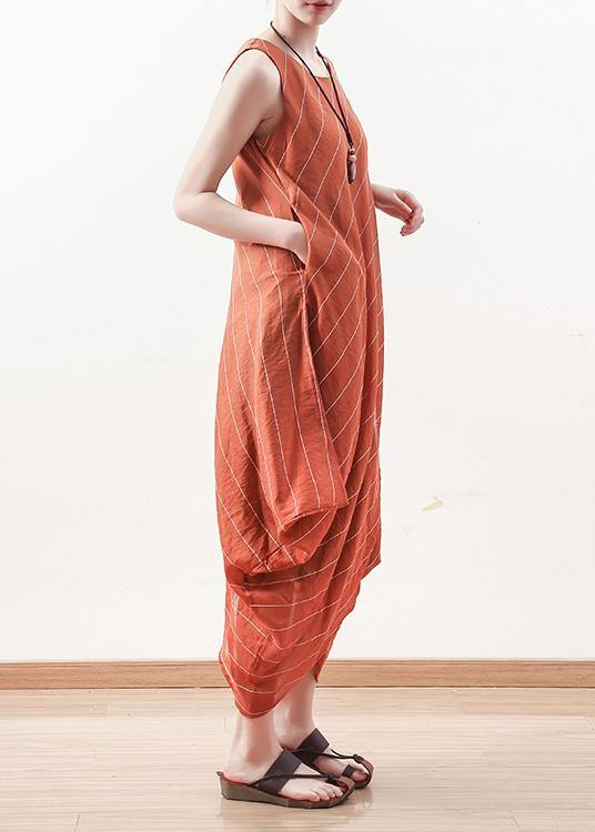 DIY sleeveless linen Long Shirts Inspiration orange o neck Dresses summer - SooLinen