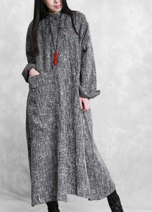 DIY stand collar asymmetric linen dresses pattern gray Plaid Dress - SooLinen