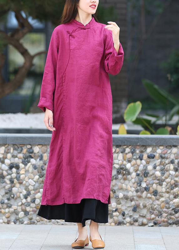 DIY stand collar side open Tunics Work purple Maxi Dress - SooLinen