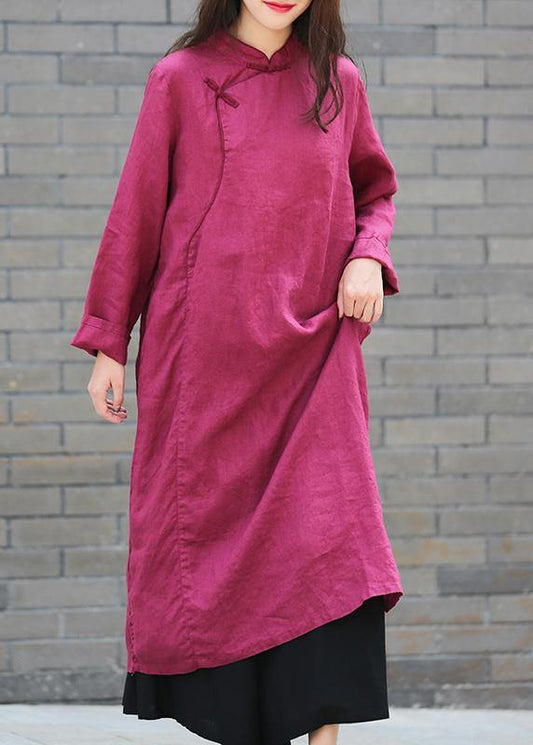 DIY stand collar side open Tunics Work purple Maxi Dress - SooLinen