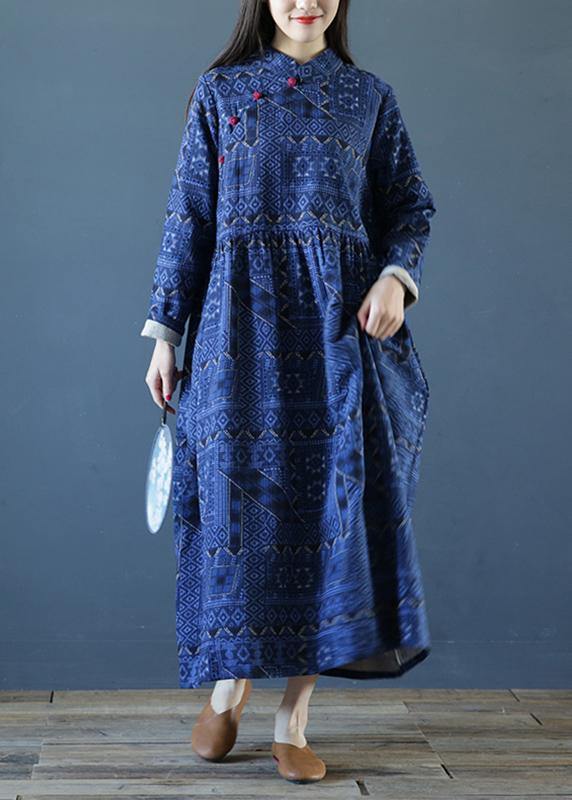 DIY stand collar Cinched fall dresses Outfits blue print long Dresses - SooLinen