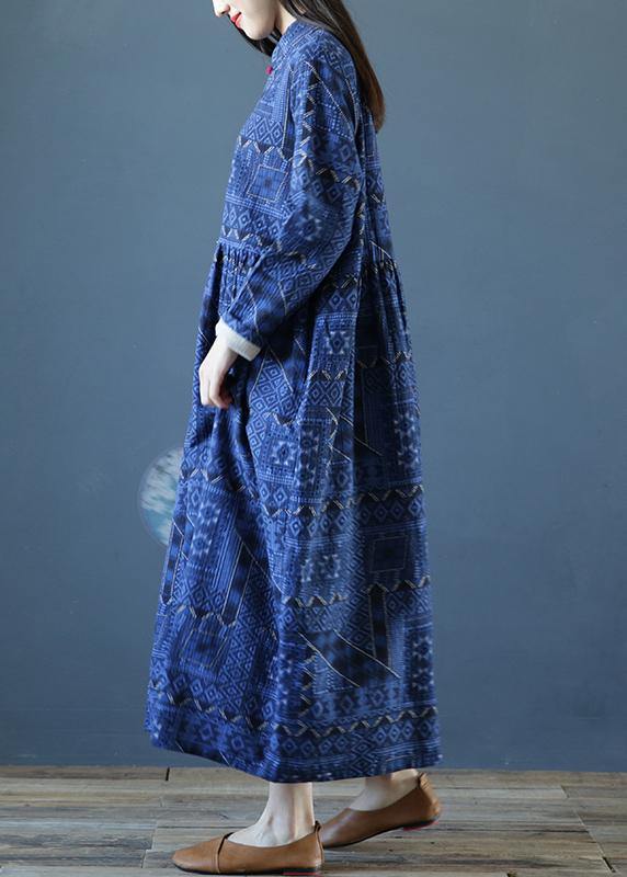 DIY stand collar Cinched fall dresses Outfits blue print long Dresses - SooLinen