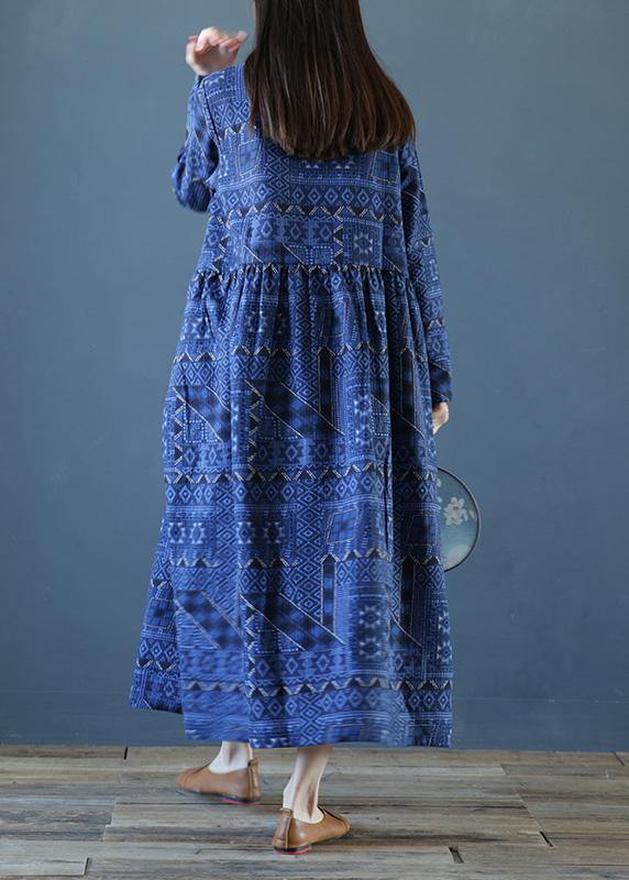 DIY stand collar Cinched fall dresses Outfits blue print long Dresses - SooLinen