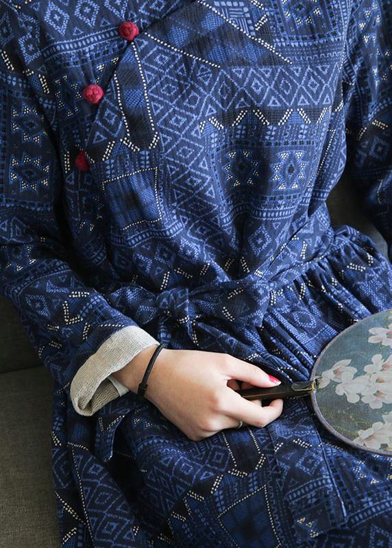 DIY stand collar Cinched fall dresses Outfits blue print long Dresses - SooLinen