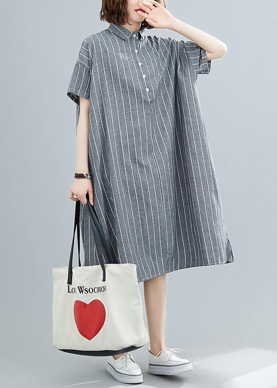 DIY striped Cotton quilting clothes lapel collar Plus Size summer Dresses - SooLinen