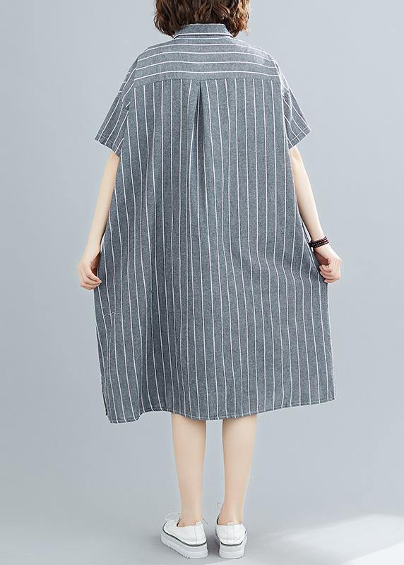 DIY striped Cotton quilting clothes lapel collar Plus Size summer Dresses - SooLinen