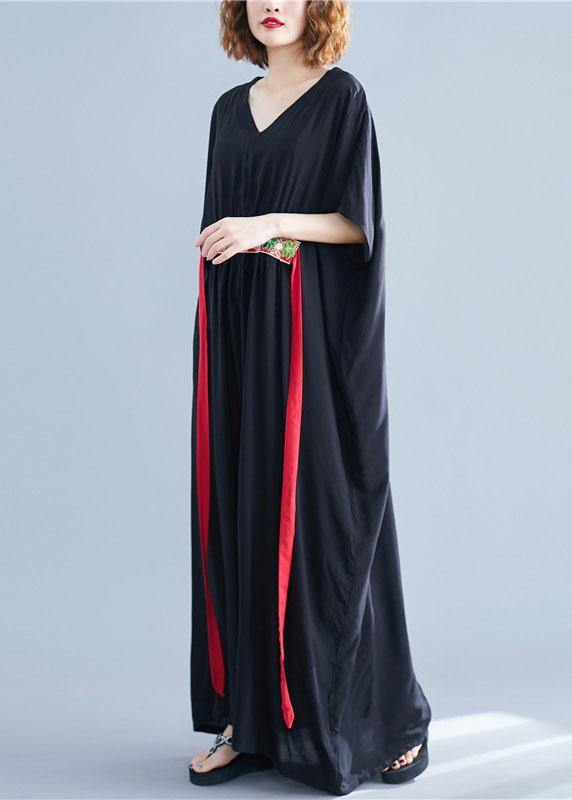 DIY tie waist cotton tunic dressNeckline black v neck Maxi Dresses summer - SooLinen