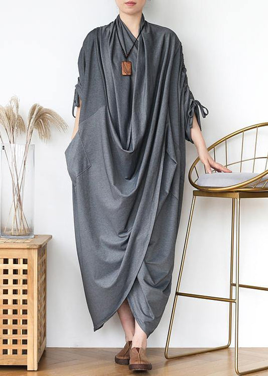 DIY v neck asymmetric cotton clothes Fabrics gray Maxi Dresses - SooLinen