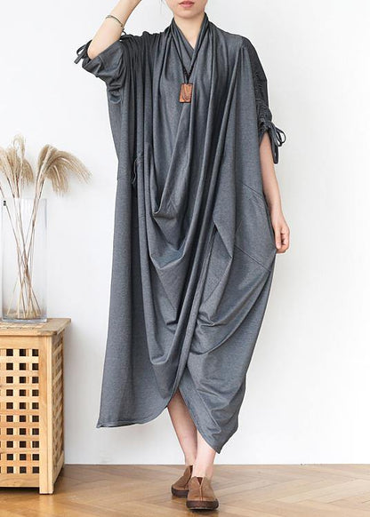 DIY v neck asymmetric cotton clothes Fabrics gray Maxi Dresses - SooLinen