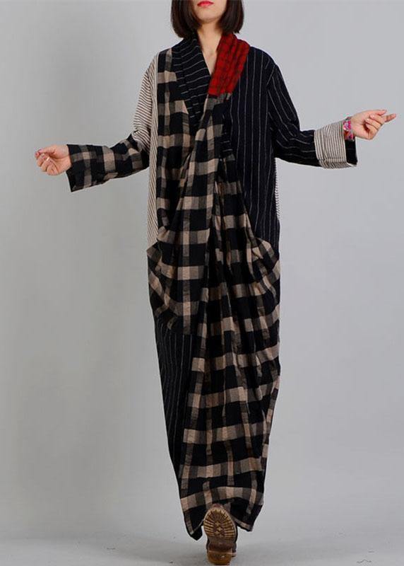 DIY v neck patchwork linen clothes black plaid Dress fall - SooLinen