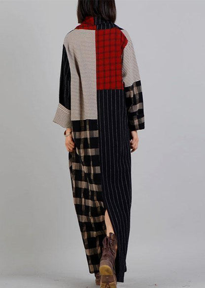 DIY v neck patchwork linen clothes black plaid Dress fall - SooLinen