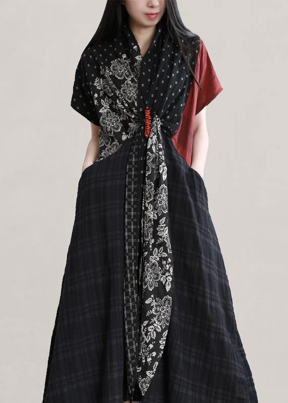 DIY v neck patchwork linen summer Robes Shirts black print Dress - SooLinen