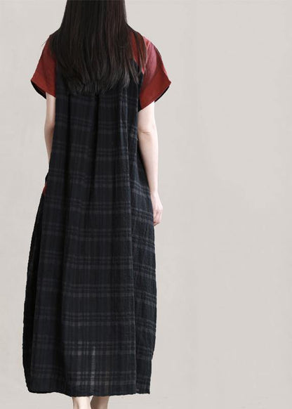 DIY v neck patchwork linen summer Robes Shirts black print Dress - SooLinen