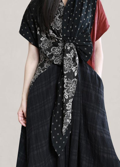 DIY v neck patchwork linen summer Robes Shirts black print Dress - SooLinen
