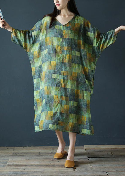 DIY v neck side open linen summer dresses Work Outfits green striped Dress - SooLinen