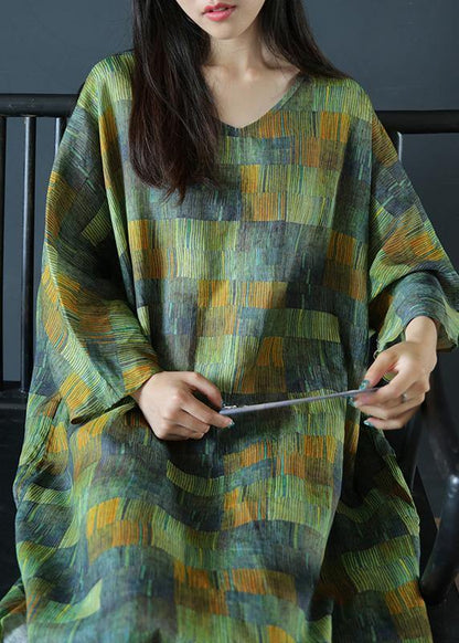 DIY v neck side open linen summer dresses Work Outfits green striped Dress - SooLinen