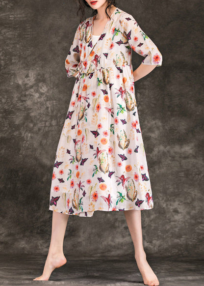 DIY v neck tie waist linen clothes 2025 Shirts beige print Plus Size Dresses Summer