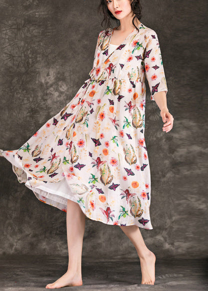 DIY v neck tie waist linen clothes 2025 Shirts beige print Plus Size Dresses Summer