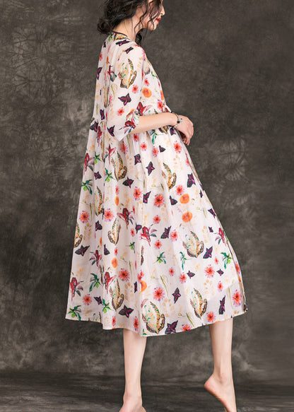 DIY v neck tie waist linen clothes 2025 Shirts beige print Plus Size Dresses Summer