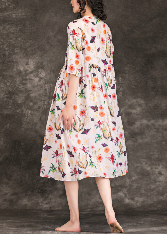 DIY v neck tie waist linen clothes 2025 Shirts beige print Plus Size Dresses Summer