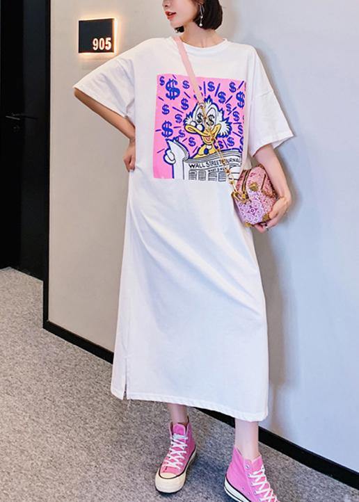 DIY white Cartoon print dresses o neck loose summer Dresses - SooLinen