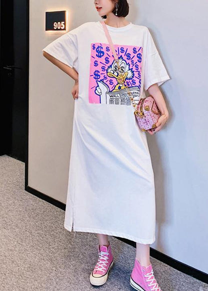 DIY white Cartoon print dresses o neck loose summer Dresses - SooLinen