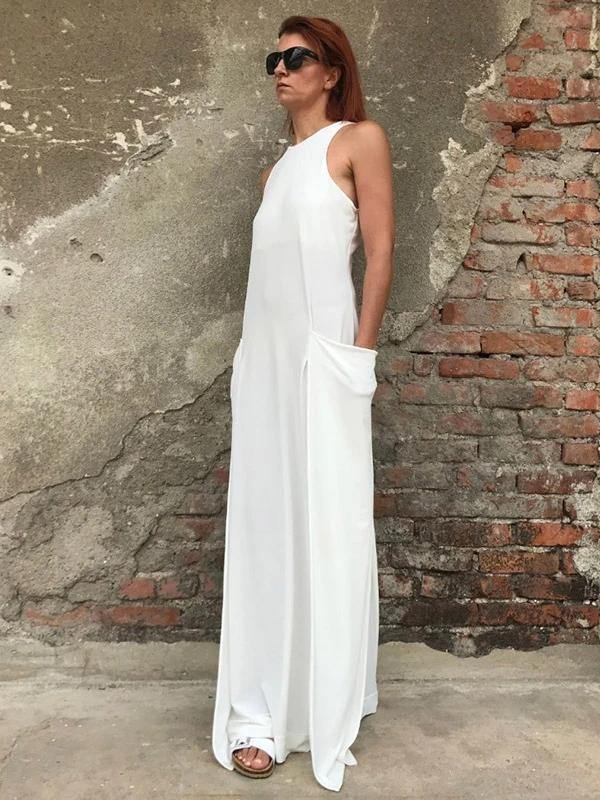 DIY white cotton clothes Women o neck  A Line Dress - SooLinen