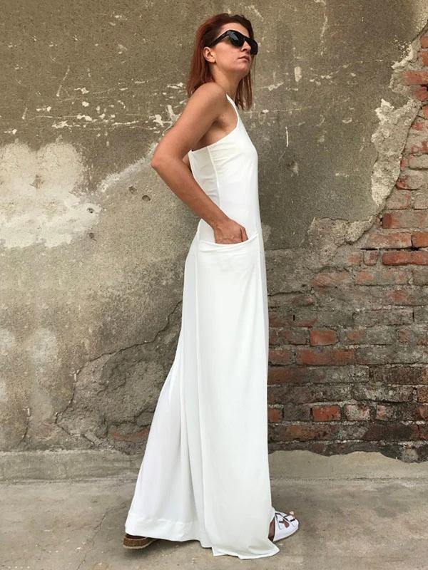 DIY white cotton clothes Women o neck  A Line Dress - SooLinen