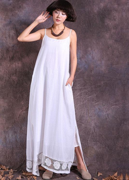 DIY white side open linen clothes hollow out hem Maxi summer Dresses - SooLinen