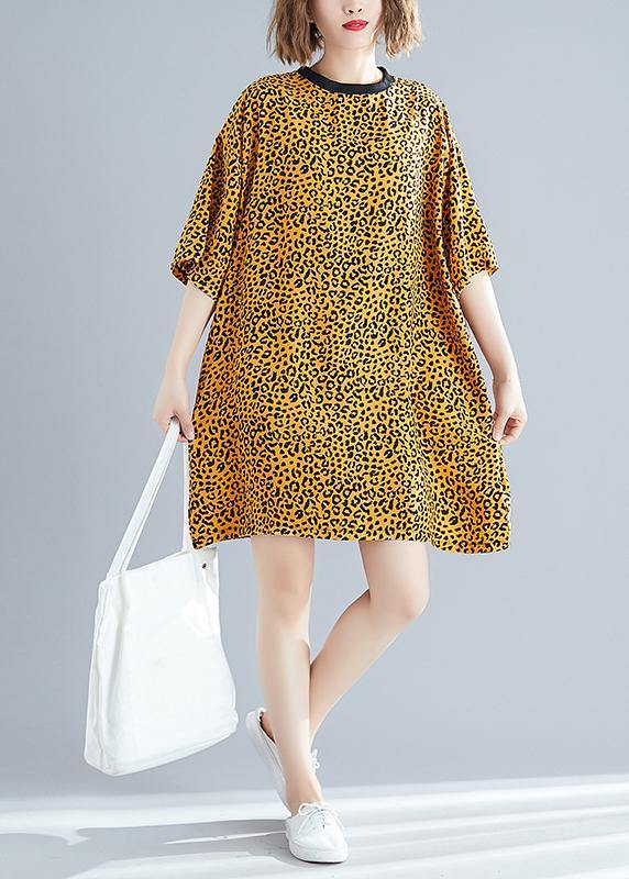 DIY yellow Leopard Cotton blended Drops Design Outfits o neck Batwing Sleeve daily Summer Dresses - SooLinen