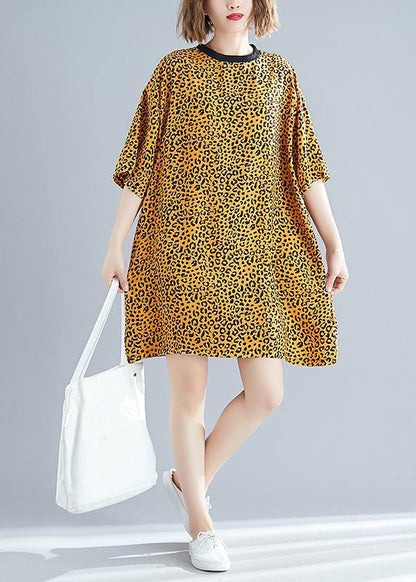 DIY yellow Leopard Cotton blended Drops Design Outfits o neck Batwing Sleeve daily Summer Dresses - SooLinen