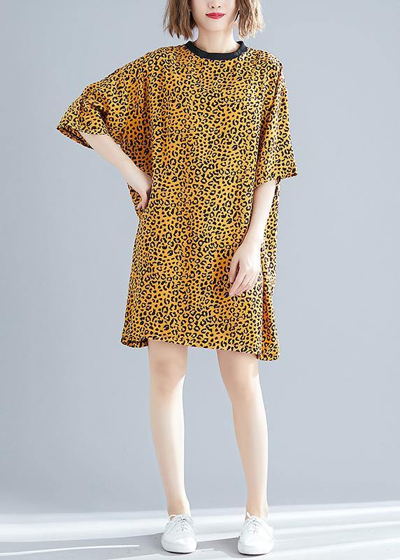 DIY yellow Leopard Cotton blended Drops Design Outfits o neck Batwing Sleeve daily Summer Dresses - SooLinen
