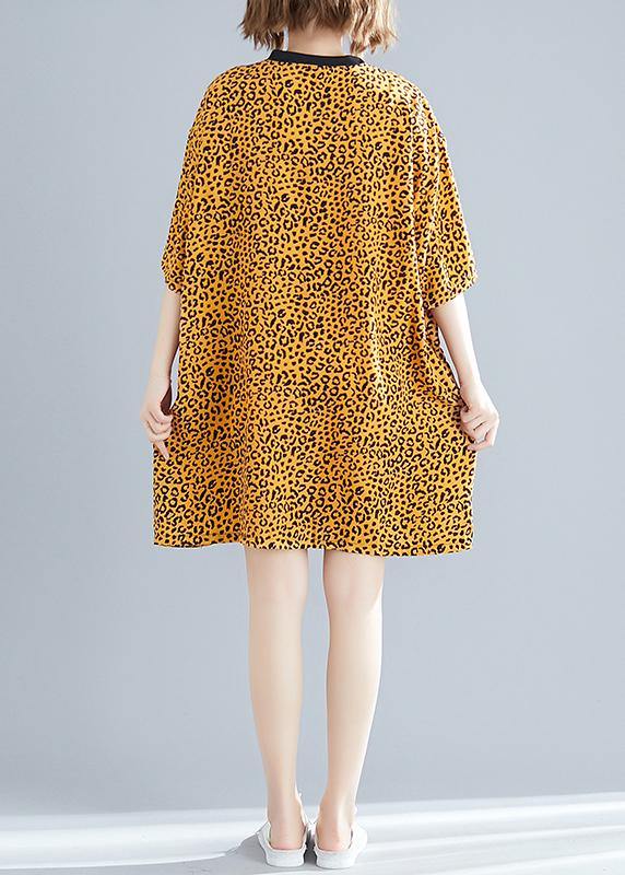 DIY yellow Leopard Cotton blended Drops Design Outfits o neck Batwing Sleeve daily Summer Dresses - SooLinen