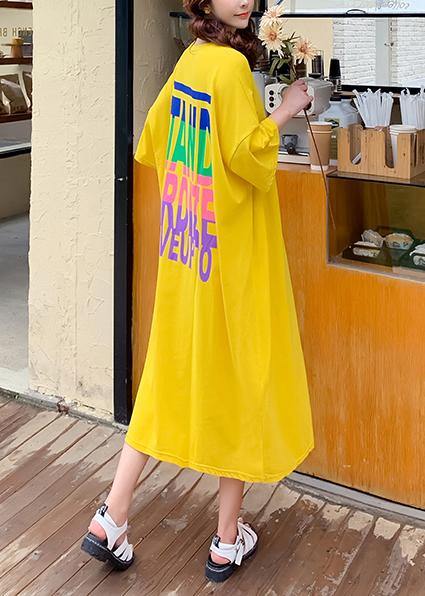 DIY yellow Letter Tunics o neck baggy Maxi Dresses - SooLinen