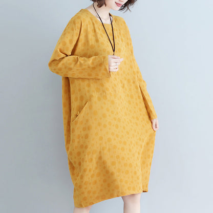 DIY yellow dotted Cotton tunic dress Casual Runway pockets cotton Dress