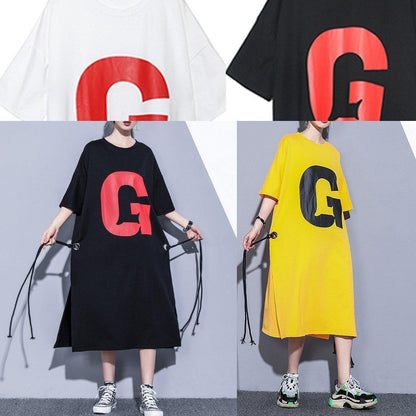 DIY yellow o neck cotton quilting dresses side open Robe summer Dresses - SooLinen