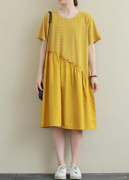 DIY yellow striped Cotton dress o neck patchwork tunic Dress - SooLinen