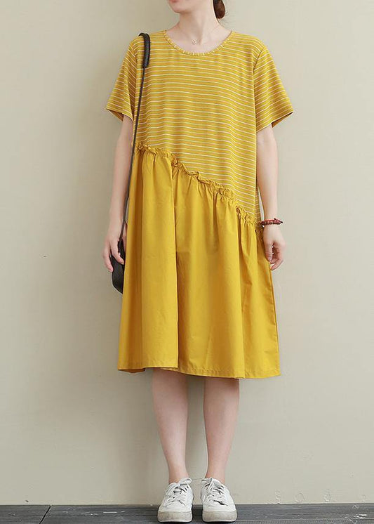 DIY yellow striped Cotton dress o neck patchwork tunic Dress - SooLinen