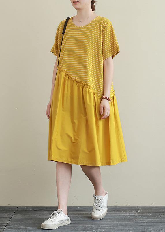 DIY yellow striped Cotton dress o neck patchwork tunic Dress - SooLinen