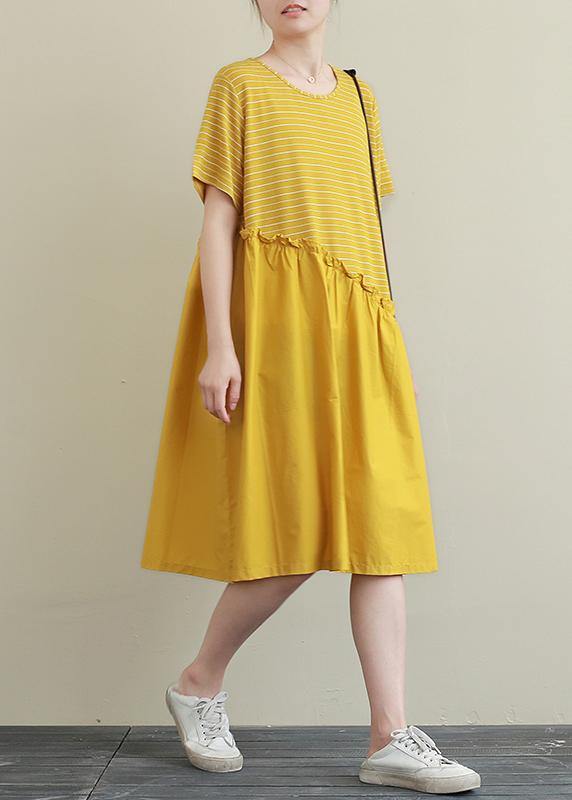 DIY yellow striped Cotton dress o neck patchwork tunic Dress - SooLinen