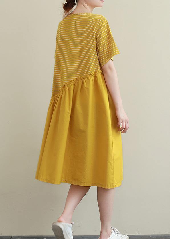 DIY yellow striped Cotton dress o neck patchwork tunic Dress - SooLinen
