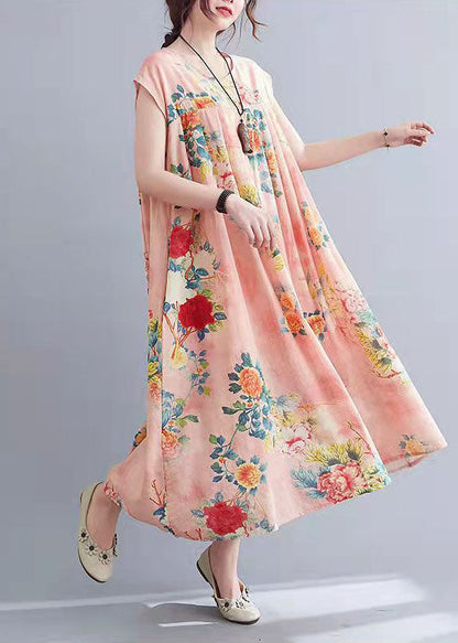 DIY Pink Print Cinched Summer Long Dress