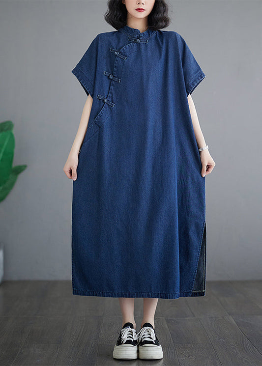 Dark Blue Patchwork Button Side Open Denim Long Dress Summer