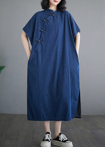 Dark Blue Patchwork Button Side Open Denim Long Dress Summer