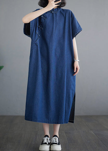 Dark Blue Patchwork Button Side Open Denim Long Dress Summer