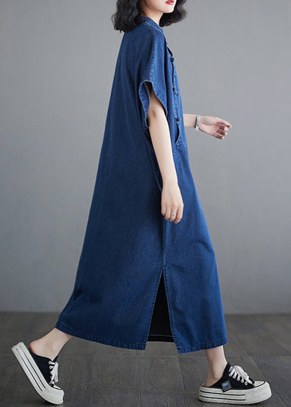Dark Blue Patchwork Button Side Open Denim Long Dress Summer