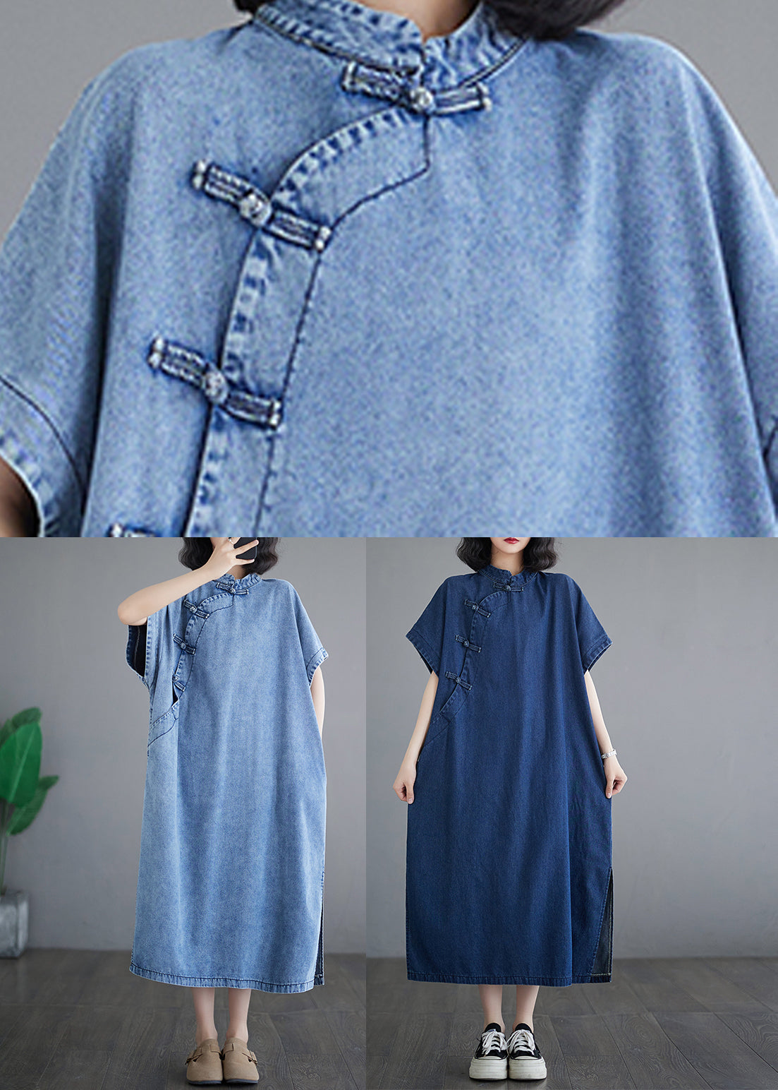 Dark Blue Patchwork Button Side Open Denim Long Dress Summer